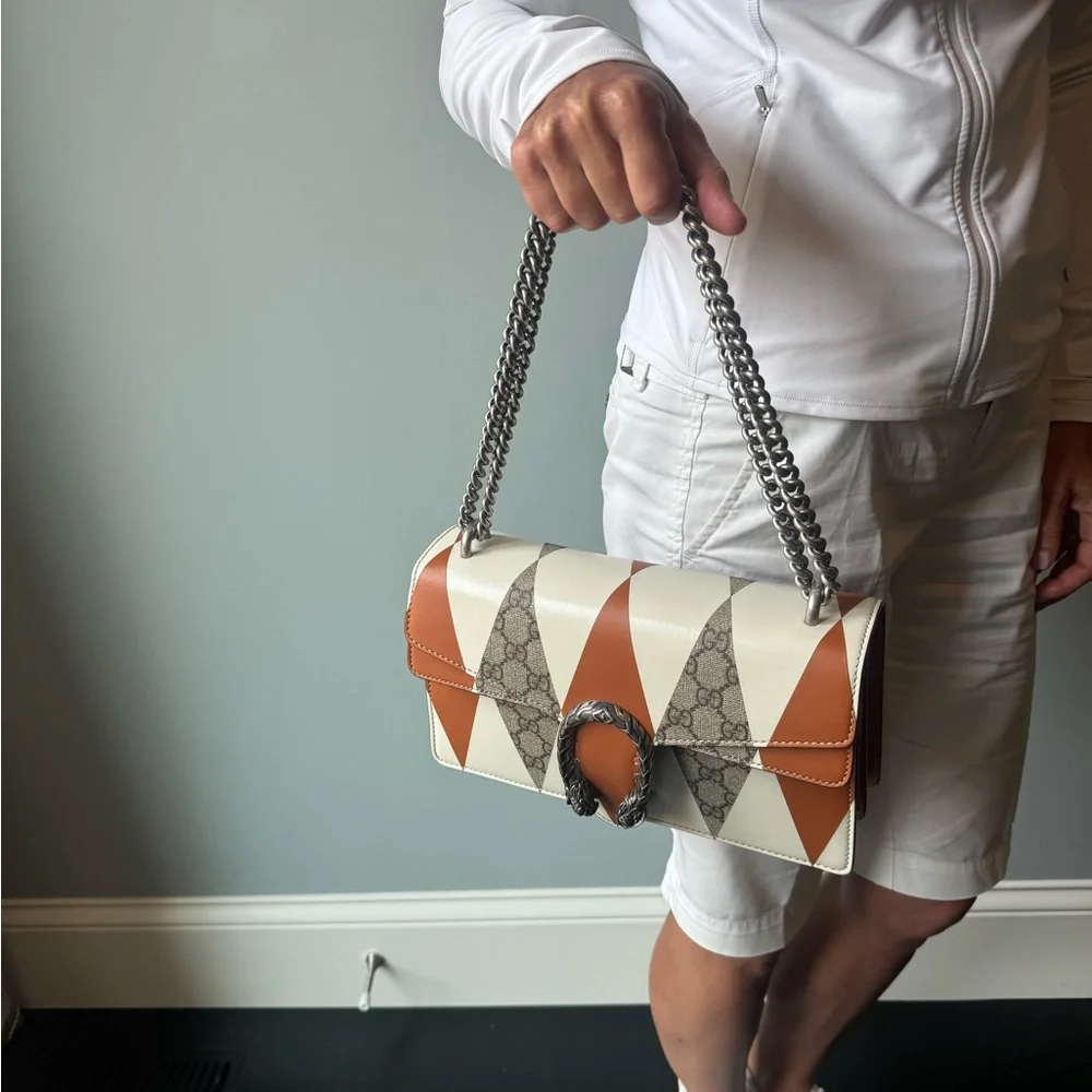 Gucci GG Dionysus Rhombus Print Shoulder Bag in Cream & Tan with Gray Accent - Picture 13 of 13